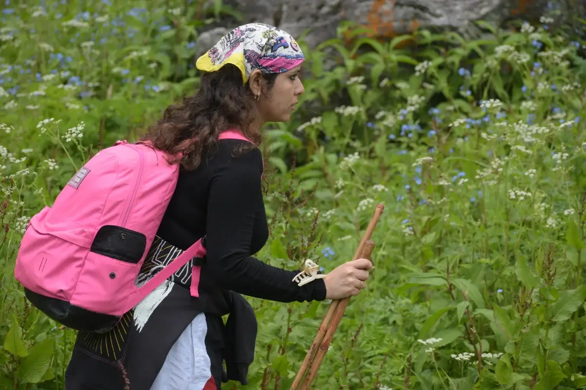 Trekker crossing Himalayan trail